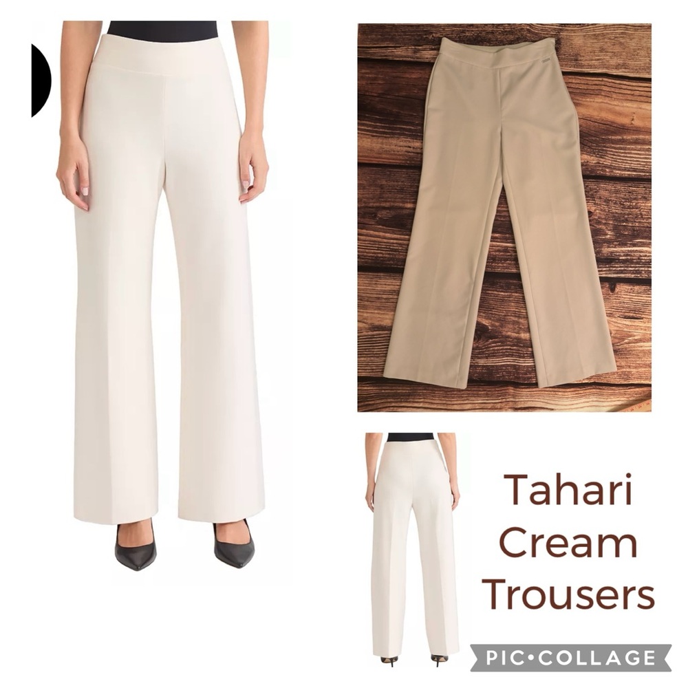 Tahari Cream Ivory Champagne Wide Straight Leg Dress Flat Front Pants Trousers 6
